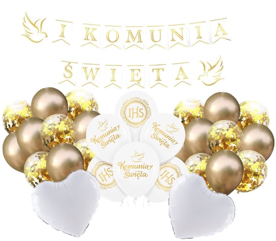 Balony na Komunię Świętą biało złote IHS baner Komunijne kompletny Zestaw Dekoracje Szafran Limited
