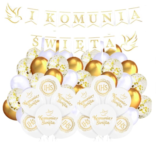 Balony na Komunię Świętą biało złote z Girlanda IHS Zestaw Balonów Białe Dekoracje Szafran Limited