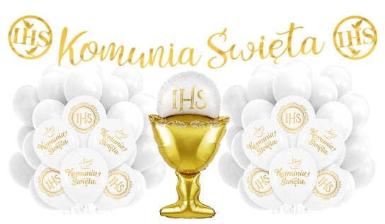 Balony na Komunię Świętą Biało złote z Hostią Girlanda Gotowy Zestaw balonów Ozdób Szafran Limited