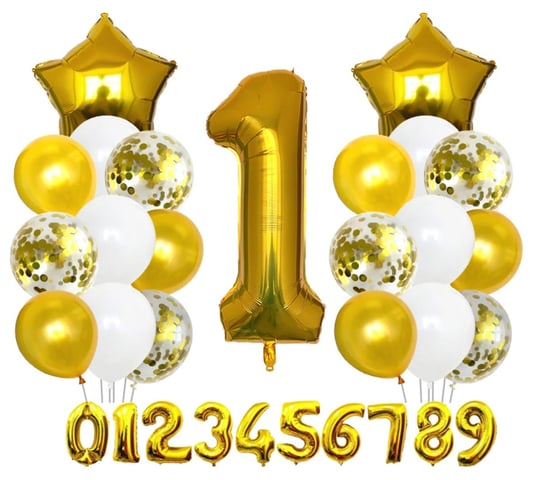 Balony na Roczek Zestaw złotych balonów na Urodziny cyfra 0-9 złota Gwiazdy inna (Inny)