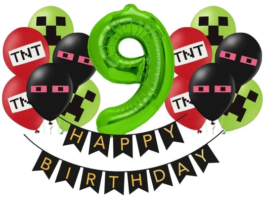 Balony na urodziny TNT Minecraft Cyfra zielona Baner Happy Birthday zestaw Hel Szafran Limited