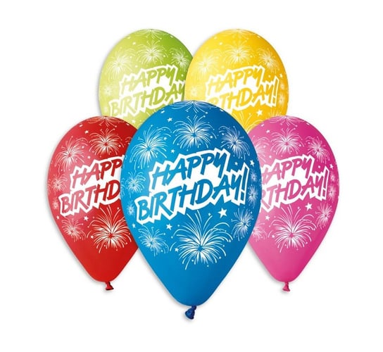Balony Premium, 12", Happy Birthday, fajerwerki, 5 sztuk GoDan