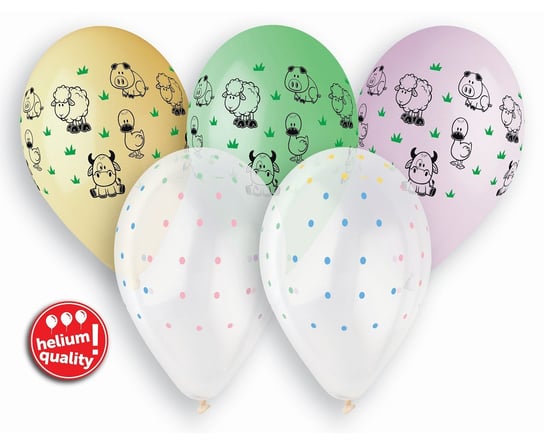 Balony Premium Hel, zwierzątka z farmy, 13 cali, 5 sztuk Gemar