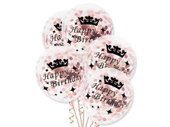Balony Przezroczyste Z Różowo Złotym Konfetti Happy Birthday - 30 Cm - 5 Szt PartyPal