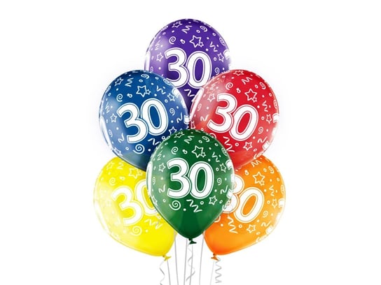 Balony transparentne z nadrukiem "30" - 12 cali - 6 szt. BELBAL