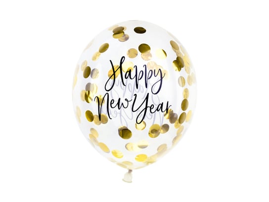 Balony z konfetti, Happy New Year, złoty, 30 cm, 3 sztuki PartyDeco