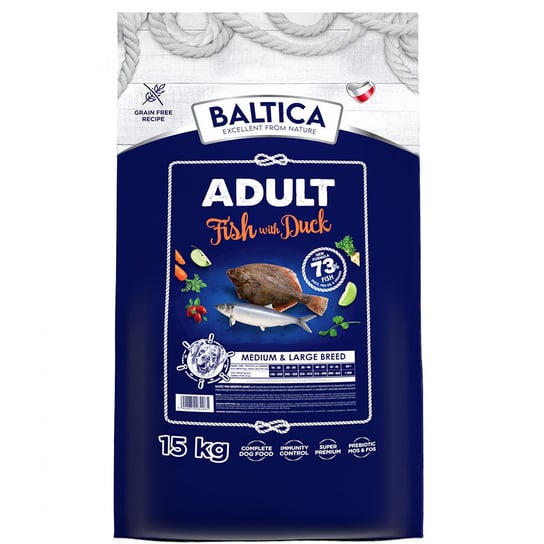 Baltica Adult Fish with Duck  karma z kaczką i rybami bałtyckimi dla średnich i dużych ras M/L 15kg Baltica