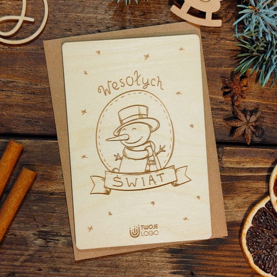 Bałwanek - drewniana grawerowana kartka świąteczna z logo Inna marka