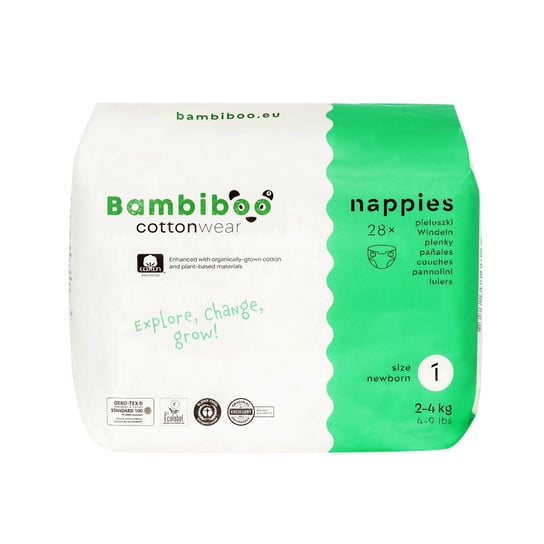 Bambiboo, Cottonwear, Jednorazowe pieluszki z bawełną organiczną i wycięciem na pępek rozmiar 1, 28 szt. Bambiboo