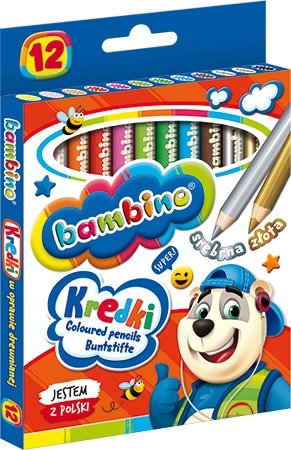 Bambino, Kredki w drewnianej oprawie, 12 kolorów, mix wzorów Bambino