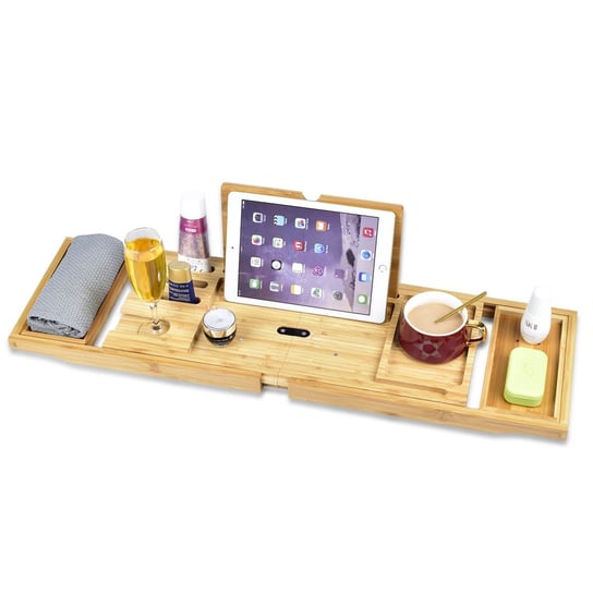 Bambusowa taca kąpielowa do wanny z uchwytem na kieliszek wina i miejscem na laptop/ Półka łazienkowa na wannę - składana Hedo