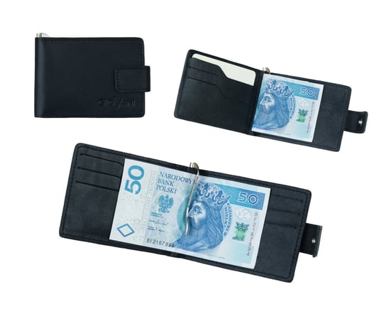 Banknotówka - portfel męski z klipsem na baknoty (chudy, czarny, skóra naturalna - jucht) Stefania