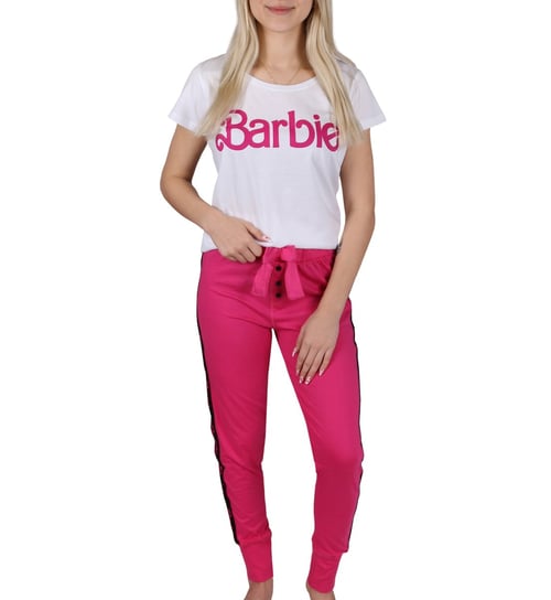 Barbie Damska piżama na krótki rękaw, długie spodnie, bawełniana, biało-różowa L Barbie