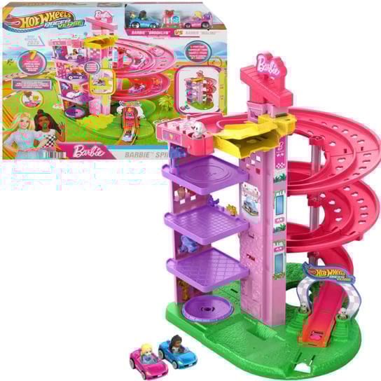 Barbie Duży Tor Wyścigowy Zakręcony z Windą Hot Wheels Raceverse + 2 Autka 47 Cm Mattel