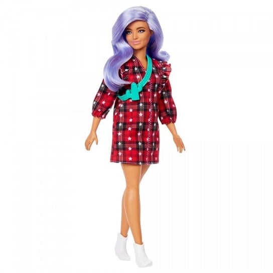 Barbie Fashionistas, lalka Modna przyjaciółka sukienka w szkocką kratę, jasnofioletowe włosy Barbie