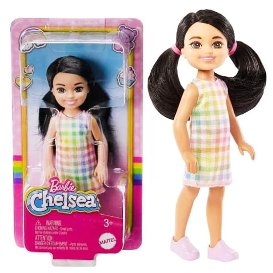 Barbie Klub Chelsea Mała Lalka Czarne Włosy Laleczka Sukienka W Kratkę 13Cm Mattel