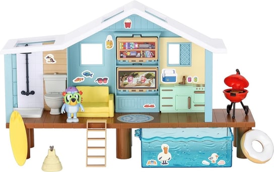 Bardzo duży zestaw z serii Bluey Domek na plaży + figurka Bluey w czepku + akcesoria idealny prezent dla dzieci 3+ Moose