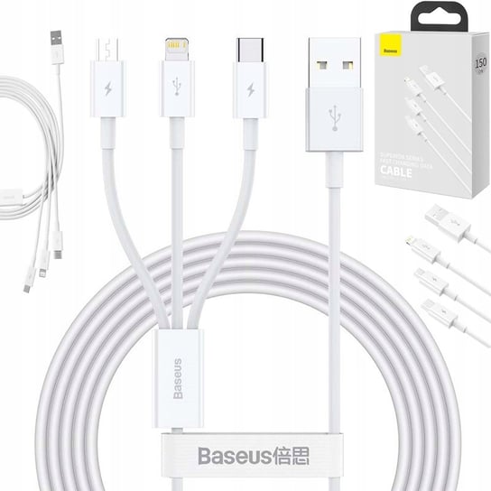 BASEUS SZYBKI KABEL USB / microUSB / USB C / Lightning 3,5A biały WORLD CASE