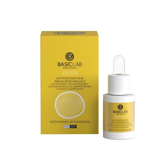 BasicLab Antyoksydacyjne serum regenerujące do twarzy, Serum z witaminą C, koenzymem Q10 i olejem z ogórecznika | Pojemność: 15 ml BasicLab