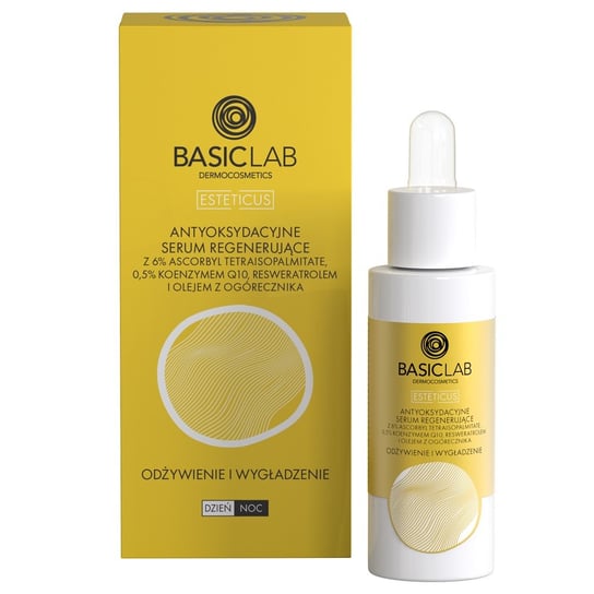 BasicLab Antyoksydacyjne serum regenerujące do twarzy, Serum z witaminą C, koenzymem Q10 i olejem z ogórecznika | Pojemność: 30 ml BasicLab