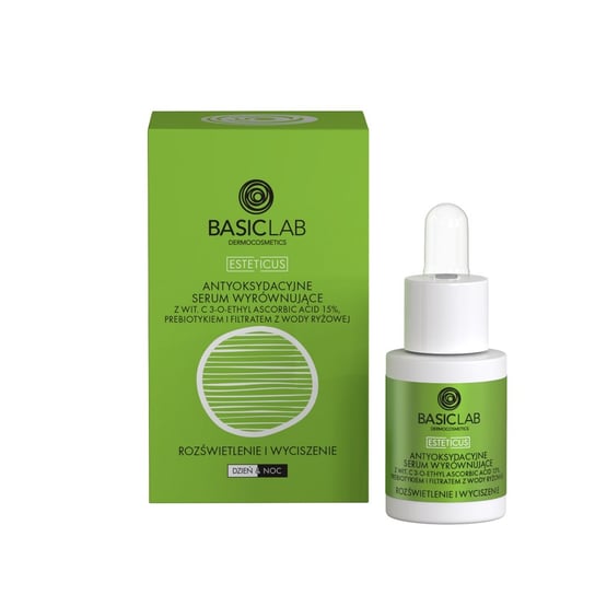 BasicLab Antyoksydacyjne serum wyrównujące z Wit.C 15%, prebiotykiem i filtrem z wody ryżowej | Pojemność: 15 ml BasicLab