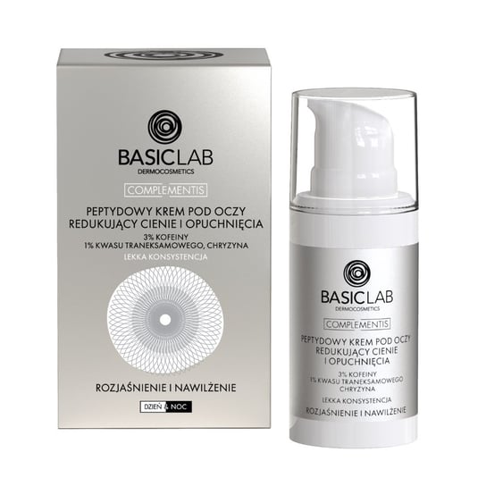 BasicLab Complementis, Peptydowy krem pod oczy redukujący cienie i opuchnięcia z 3% kofeiny 1% kwasu traneksamowego chryzyną o lekkiej konsystencji Rozjaśnienie i Nawilżenie, 15ml BasicLab