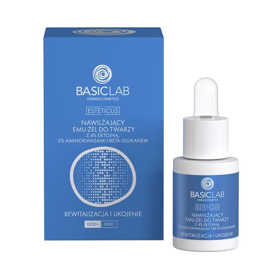 BasicLab, Nawilżający emu-żel do twarzy z 4% ektoiną, aminokwasami i beta-glukanem | Pojemność: 15 ml BasicLab