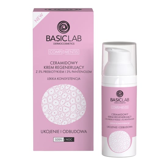 BasicLab, Nawilżający krem regenerujący naskórek, Ceramidowy krem z prebiotykiem i pantenolem | Pojemność: 50 ml BasicLab