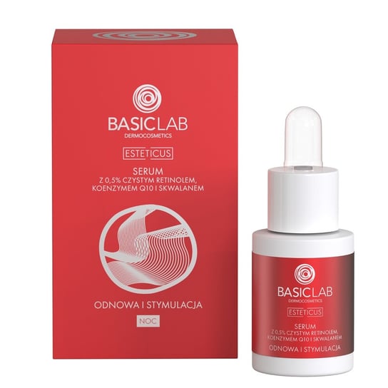 BasicLab Odnawiające serum do twarzy, Serum na noc z Retinolem 0,5%, Koenzymem Q10 i Skwalanem | Pojemność: 15 ml BasicLab