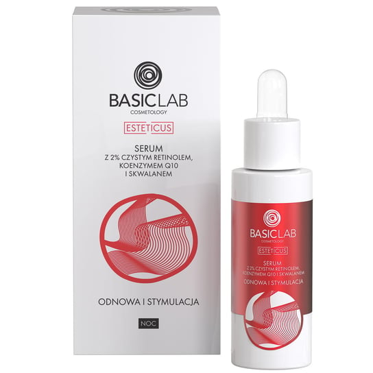 BasicLab Przeciwstarzeniowe serum do twarzy na noc, Serum z retinolem, koenzymem Q10 i skwalanem | Pojemność: 30 ml BasicLab