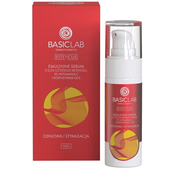 BasicLab Serum przeciwzmarszczkowe na noc, korygująco stymulujące serum z witaminą C, koenzymem Q10 i retinalem | Pojemność: 30 ml BasicLab