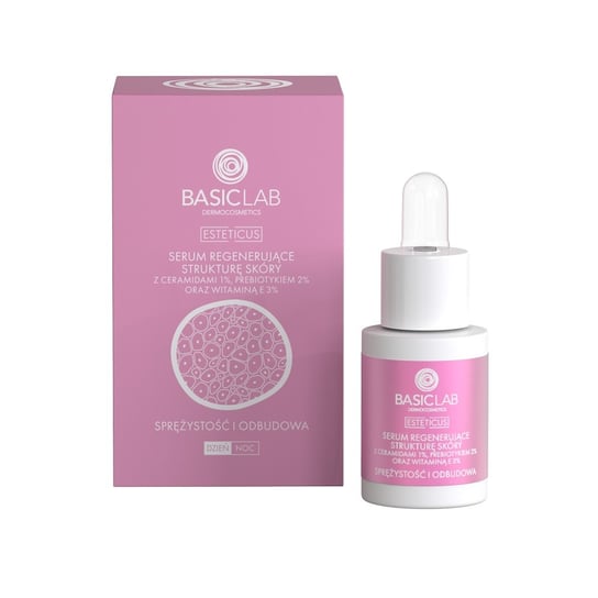BasicLab, Serum regenerujące strukturę skóry z ceramidami 1%, prebiotykiem 2% i witaminą E 3% | Pojemność: 15 ml BasicLab