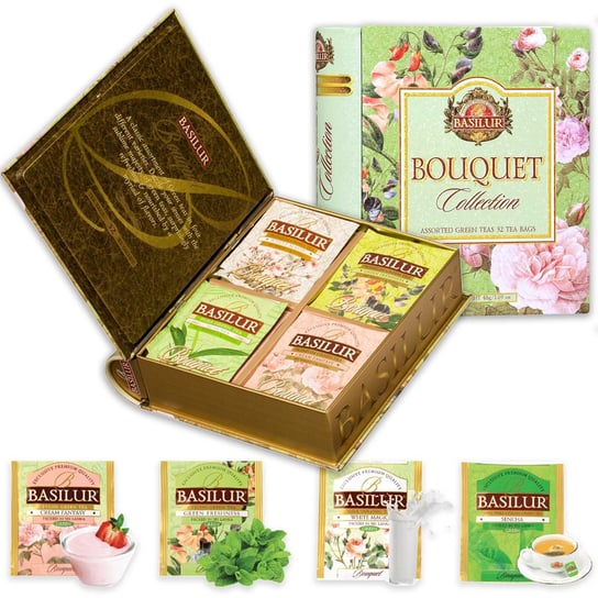 BASILUR Bouquet - Mieszanka zielonych herbat w saszetkach, w ozdobnej puszce książka 32x1,5g x1 Basilur