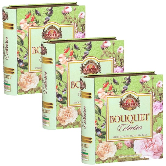 BASILUR Bouquet - Mieszanka zielonych herbat w saszetkach, w ozdobnej puszce książka 32x1,5g x3 Basilur