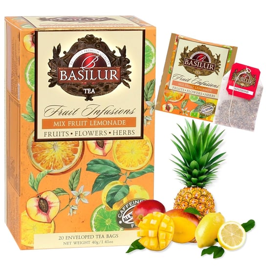 BASILUR Fruit Infusions - Owocowa herbata bezkofeinowa z aromatem owoców tropikalnych i cytrusów, w saszetkach 20 x 2 g x1 Basilur