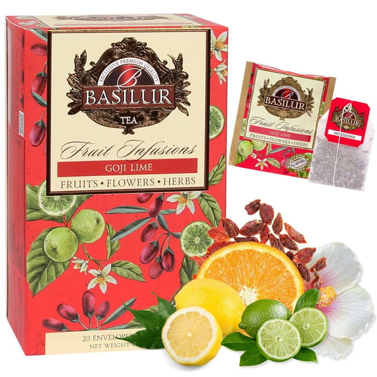 BASILUR Fruit Infusions - Owocowa herbata bezkofeinowa z naturalnym aromatem goji, limonki i cytrusów, w saszetkach 20 x 2 g x1 Basilur
