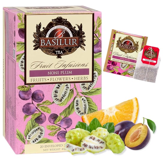 BASILUR Fruit Infusions - Owocowa herbata bezkofeinowa z naturalnym aromatem noni, śliwki i cytrusów, w saszetkach 20 x 2 g x1 Basilur