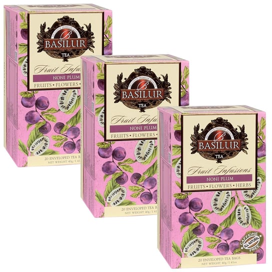 BASILUR Fruit Infusions - Owocowa herbata bezkofeinowa z naturalnym aromatem noni, śliwki i cytrusów, w saszetkach 20 x 2 g x3 Basilur