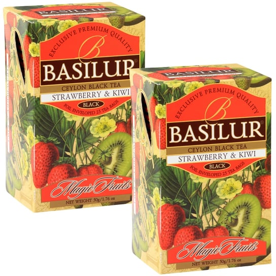 BASILUR Magic Fruits - Czarna herbata cejlońska z dodatkiem owocu jabłka oraz naturalnym aromatem truskawki i kiwi 25 x 2 g x2 Basilur