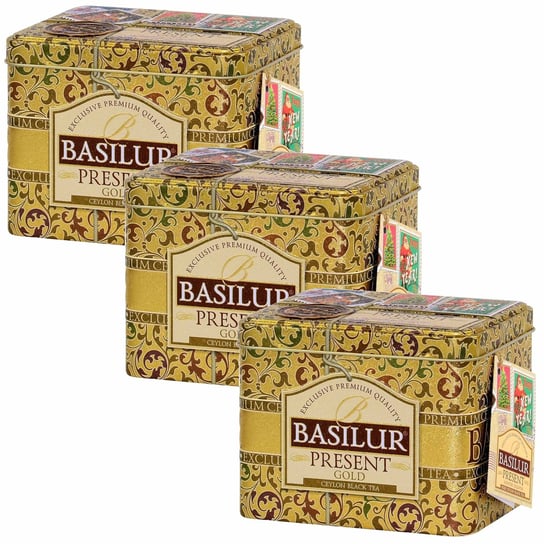 BASILUR Present Gold- czarna herbata liściasta w ozdobnej puszce, świąteczna herbata 100g x3 Basilur