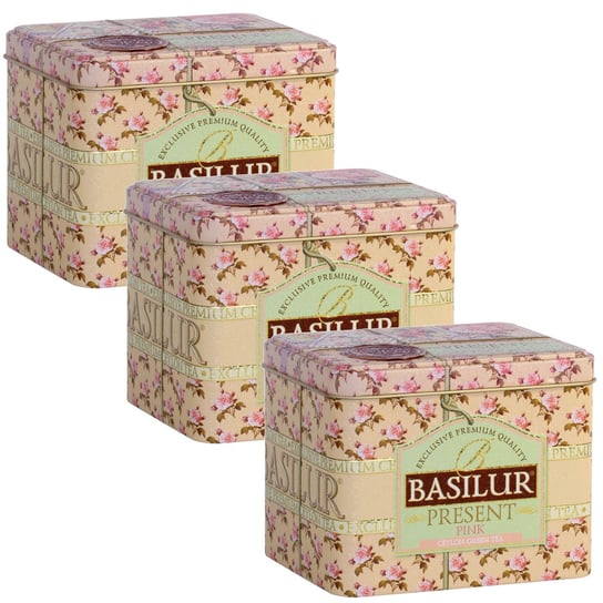 BASILUR Present Pink- zielona herbata cejlońska, liściasta w ozdobnej puszce 100g x3 Basilur