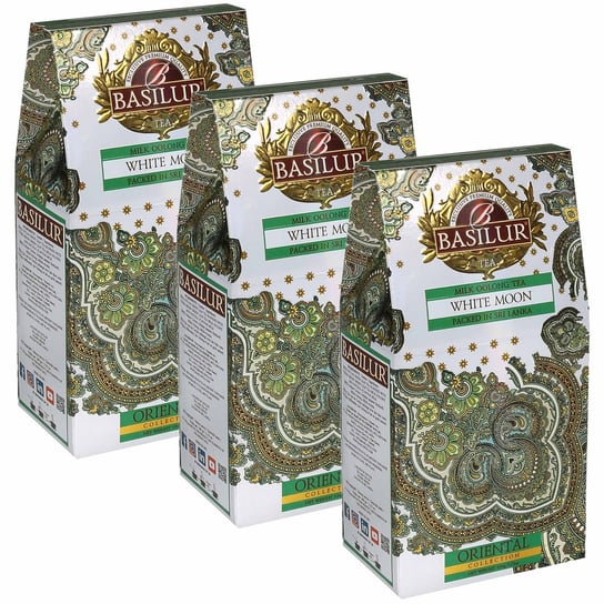 BASILUR White Moon Zielona herbata cejlońska liściasta z dodatkiem mlecznego aromatu, 100 g x3 Basilur