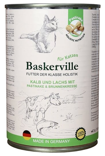Baskerville Holistic, Cielęcina i łosoś z pasternakiem i rzeżuchą, Mokra karma dla kotów, 400g Baskerville