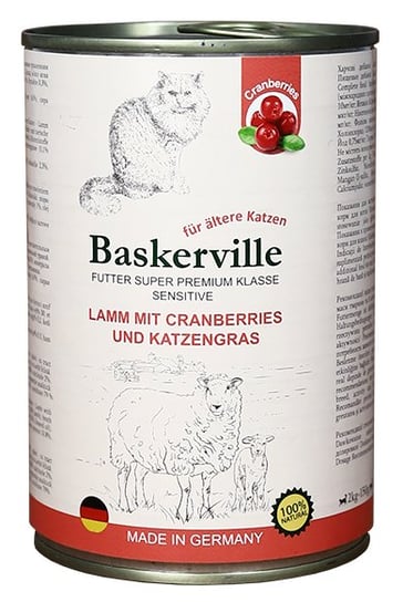 Baskerville Sensitive, Jagnięcina z żurawiną i kocią trawą, Mokra karma dla kotów o wrażliwym układzie pokarmowym i Seniorów, 400g Baskerville