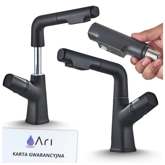 Bateria Umywalkowa Czarna Matowa Łazienkowa Nowoczesna Stojąca Wysoka Niska Nablatowa z Długą Ruchomą Obrotową Wyciąganą Wylewką Perlatorem Kran Do Umywalki Łazienki Black Ari