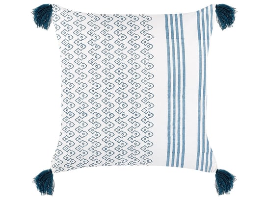Bawełniana poduszka geometryczny wzór z frędzlami 45 x 45 cm biało-niebieska TILIA Beliani
