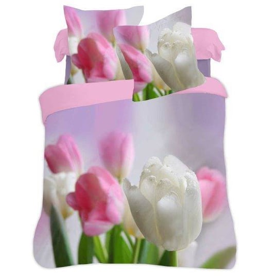 Bawełniana pościel z efektem 3D biała fioletowa 160x200 w kwiaty tulipany, komplet pościeli dla dwóch osób Faro