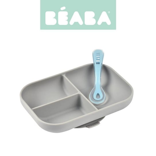 Beaba, Komplet naczyń z silikonu, trójdzielny talerz z przyssawką + łyżeczka, Grey Beaba