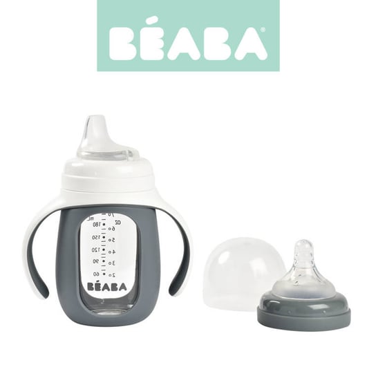 Beaba, Szklana butelka treningowa w silikonowej osłonce, 2w1, 210 ml, Mineral grey Beaba