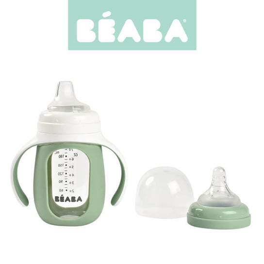 Beaba, Szklana butelka treningowa w silikonowej osłonce, 2w1, 210 ml, Sage green Beaba
